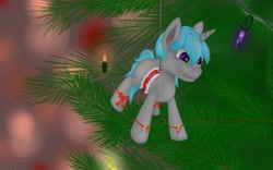 Size: 1280x800 | Tagged: safe, artist:stray prey, oc, oc only, oc:lucent, pony, unicorn, bow, christmas, christmas tree, digital art, harness, holiday, horn, male, micro, solo, stallion, suspended, tack, tail, tree