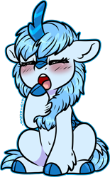 Size: 1066x1720 | Tagged: safe, artist:sexygoatgod, oc, oc only, oc:icefumy, kirin, pony, blushing, chibi, cloven hooves, simple background, solo, transparent background, yawn