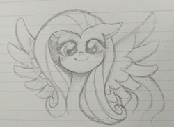 Size: 1381x1013 | Tagged: safe, artist:namaenonaipony, fluttershy, pegasus, pony, g4, cute, female, floppy ears, grayscale, lined paper, looking at you, mare, monochrome, pencil drawing, shyabetes, smiling, smiling at you, solo, spread wings, traditional art, wings