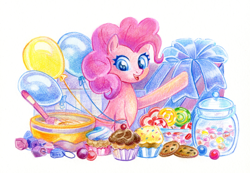 Size: 1448x1000 | Tagged: safe, artist:maytee, part of a set, pinkie pie, earth pony, pony, g4, balloon, candy, candy cane, cookie, cupcake, cute, diapinkes, food, lollipop, present, rock candy, rock candy necklace, simple background, smiling, solo, traditional art, white background