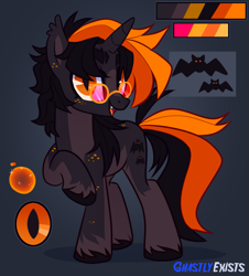 Size: 907x1004 | Tagged: safe, artist:ghastlyexists, oc, oc only, oc:hijinx, bat pony, bat pony unicorn, hybrid, pony, unicorn, cutie mark, digital art, fangs, freckles, glasses, horn, long mane, looking at you, raised hoof, reference sheet, show accurate, simple background, slit pupils, solo, standing, tail, unshorn fetlocks, watermark