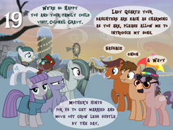 Size: 1440x1080 | Tagged: artist needed, safe, artist:anime-equestria, artist:atnezau, artist:bronybyexception, artist:dragonchaser123, artist:firestorm-can, artist:kevinerino, artist:landmark520, artist:misteraibo, artist:sketchmcreations, artist:starryshineviolet, artist:tomfraggle, artist:vectorshy, cloudy quartz, limestone pie, marble pie, maud pie, oc, oc:colonel gravy, oc:onion, oc:sausage, oc:wavy, earth pony, pony, g4, 19, advent calendar, annoyed, awkward, awkward grin, beard, blushing, building, bun, clothed ponies, clothes, cloud, crush, dusk, eager, eyebrows, eyes closed, facial hair, fairy lights, fake eyes, fake eyes glasses, family, farmhouse, female, frown, glasses, grin, groucho mask, happy, hat, heart, house, human nose, in love, joy, looking at each other, looking at someone, looking at you, male, manebun, mare, military hat, moustache, one eye covered, outdoors, rainbow colors, raised hoof, rock farm, shirtless shirt collar, silo, sitting, skeptical, sky, smiling, snow, speech bubble, stallion, standing, text, tree, tree branch, umbrella hat, wind wheel, winter
