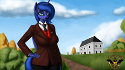 Size: 7680x4320 | Tagged: safe, artist:tsaritsaluna, princess luna, alicorn, anthro, g4, clothes, female, looking at you, necktie, solo, suit, tree