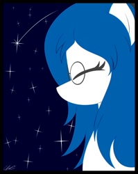 Size: 1592x2000 | Tagged: safe, artist:seafooddinner, oc, oc only, oc:jaxapone, earth pony, pony, bust, colored, earth pony oc, eyes closed, female, flat colors, glasses, mare, poster, signature, solo, stars