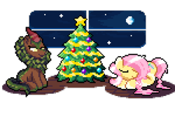 Size: 4200x2800 | Tagged: safe, artist:mariothepixelarter, cinder glow, fluttershy, summer flare, kirin, pegasus, pony, g4, christmas, christmas tree, cloven hooves, cute, duo, eyes closed, female, full moon, high res, holiday, lying down, mare, moon, night, pixel art, prone, shyabetes, simple background, sitting, transparent background, tree