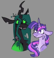Size: 754x810 | Tagged: safe, artist:rockin_candies, queen chrysalis, twilight sparkle, alicorn, changeling, changeling queen, pony, g4, alternate design, cheek fluff, chest fluff, duo, eye clipping through hair, fangs, female, glowing, glowing eyes, gray background, horn, lesbian, ship:twisalis, shipping, simple background, slit pupils, twilight sparkle (alicorn)