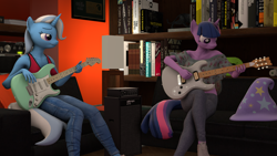 Size: 3840x2160 | Tagged: safe, artist:coolc, trixie, twilight sparkle, anthro, g4, 3d, clothes, electric guitar, guitar, hat, high res, musical instrument, source filmmaker, trixie's hat