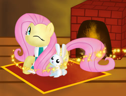 Size: 1500x1140 | Tagged: safe, artist:andromedasparkz, angel bunny, fluttershy, pegasus, pony, rabbit, g4, animal, clothes, female, fireplace, mare, one eye closed, rug, scarf, wink