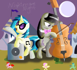 Size: 1752x1592 | Tagged: safe, artist:andromedasparkz, dj pon-3, fluttershy, octavia melody, vinyl scratch, earth pony, pegasus, pony, unicorn, g4, cello, female, mare, moon, musical instrument