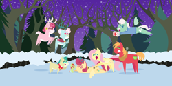 Size: 4320x2160 | Tagged: safe, anonymous artist, alice the reindeer, aurora the reindeer, big macintosh, bori the reindeer, fluttershy, gentle breeze, posey shy, oc, oc:late riser, deer, earth pony, pegasus, pony, reindeer, series:fm holidays, series:hearth's warming advent calendar 2022, g4, advent calendar, christmas, colt, doe, female, first aid kit, flying, foal, frown, glasses, glasses on head, grandma got run over by a reindeer, high res, holiday, hoofprints, lineless, male, mare, night, offspring, open mouth, parent:big macintosh, parent:fluttershy, parents:fluttermac, pointy ponies, ship:fluttermac, shipping, snow, stallion, straight, swirly eyes, the gift givers, winter