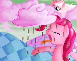 Size: 1432x1142 | Tagged: safe, artist:andromedasparkz, pinkie pie, oc, oc:fluffle puff, earth pony, pony, g4, chaos, chocolate, chocolate rain, cloud, cotton candy, cotton candy cloud, discorded landscape, female, food, mare, rain, tongue out