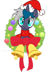 Size: 2000x3040 | Tagged: safe, artist:idkhesoff, oc, oc only, oc:elizabat stormfeather, alicorn, bat pony, bat pony alicorn, pony, alicorn oc, bat pony oc, bat wings, bells, blushing, christmas, clothes, cute, female, hat, high res, holiday, horn, mare, ribbon, santa hat, scarf, simple background, solo, transparent background, wings, wreath