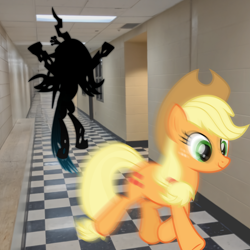 Size: 2376x2376 | Tagged: safe, applejack, queen chrysalis, changeling, changeling queen, earth pony, pony, g4, high res, indoors, meme, running, silhouette