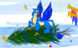 Size: 5200x3200 | Tagged: safe, artist:horsesplease, gallus, g4, christmas, christmas tree, crown, derp, failure, gallus the rooster, gallusposting, holiday, jewelry, mouth hold, musical instrument, raised leg, regalia, tree, trumpet, victory