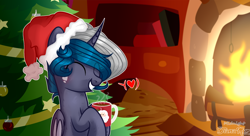 Size: 2280x1236 | Tagged: safe, artist:midnightmusic, oc, oc only, oc:elizabat stormfeather, alicorn, bat pony, bat pony alicorn, pony, alicorn oc, bat pony oc, bat wings, blushing, chocolate, christmas, christmas tree, cute, female, fire, fireplace, food, freckles, grin, hat, heart, holiday, horn, hot chocolate, log, mare, mug, santa hat, smiling, solo, tree, wings