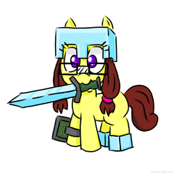 Size: 2048x2048 | Tagged: safe, artist:super-dead, oc, oc only, earth pony, pony, armor, diamond sword, female, foal, glasses, high res, minecraft, mouth hold, shield, simple background, solo, sword, weapon, white background
