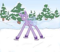 Size: 2300x2000 | Tagged: safe, artist:aakariu, oc, alicorn, earth pony, pegasus, pony, unicorn, auction, base, commission, ear fluff, high res, ice, ice skating, long legs, partially open wings, sketch, snow, solo, tree, wings, your character here