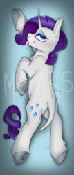 Size: 3000x7000 | Tagged: safe, artist:molars, rarity, classical unicorn, pony, unicorn, g4, :p, bedroom eyes, body pillow, body pillow design, butt, curved horn, dakimakura cover, drool, fabric crease, horn, leonine tail, plot, purple mane, solo, tail, tongue out, underhoof, unshorn fetlocks, watermark, white fur
