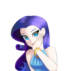 Size: 1200x1200 | Tagged: safe, artist:andromedasparkz, rarity, human, g4, bare shoulders, female, hand on face, humanized, looking at you, simple background, sleeveless, solo, white background