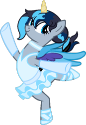 Size: 510x739 | Tagged: safe, artist:princessyanderequinn, oc, oc only, oc:sapphire la elpis flare, alicorn, pony, alicorn oc, alternate hairstyle, arabesque, ballerina, ballet, ballet bun, ballet pose, ballet slippers, choker, clothes, gloves, horn, one arm up, simple background, solo, standing on one leg, transparent background, tutu, tututiful, wings