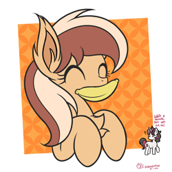 Size: 1920x1920 | Tagged: safe, artist:theratedrshimmer, oc, oc:delicatezza, bat pony, pony, banana, bat pony oc, cute, eyes closed, female, food, male, mouth hold, ocbetes, ponysona, solo focus