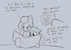 Size: 1706x1186 | Tagged: safe, artist:storyteller, oc, oc:cinni swirl, oc:dippy, oc:omelette, oc:sunny side, earth pony, pony, colt, cute, dialogue, female, filly, foal, male, mare, mother and child, mother and daughter, photo album, sketch