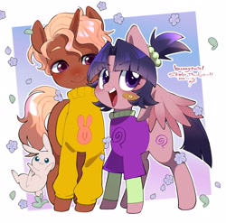 Size: 2828x2792 | Tagged: safe, artist:potetecyu_to, oc, oc only, pegasus, pony, rabbit, unicorn, animal, bandaid, clothes, commission, duo, female, high res, male, mare, open mouth, open smile, passepartout, smiling, stallion, sweater