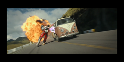 Size: 1440x720 | Tagged: safe, artist:soundwavedragon, edit, edited screencap, screencap, oc, oc:fizzy sprinkles, pony, robot, unicorn, arcee, blaster, cloud, driving, explosion, gun, headlights, hill, laser rifle, machine, minibus, moving, paramount pictures, road, roller skates, rolling, rotb, sky, tires, transformers, transformers rise of the beasts, vehicle, volkswagen, weapon, wheel, wheeljack