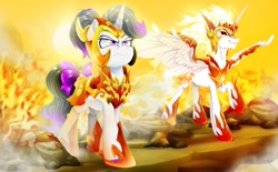 Size: 4000x2480 | Tagged: safe, artist:dormin-dim, daybreaker, oc, oc:hazel radiate, alicorn, pony, unicorn, g4, bow, commission, commissioner:biohazard, daybreaker armor, detailed background, duo, duo female, female, fire, highlights, horn, jewelry, mare, peytral, ponytail, purple eyes, regalia, spread wings, sun, tail, tail bow, unicorn oc, wings, ych result