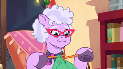 Size: 3072x1727 | Tagged: safe, screencap, grandma figgy, earth pony, pony, foal food, g5, my little pony: tell your tale, spoiler:g5, spoiler:my little pony: tell your tale, spoiler:tyts01e38, female, glasses, high res, knitting, mare, smiling, solo, youtube link
