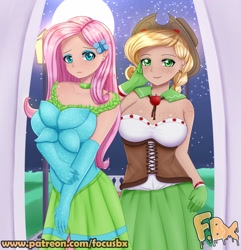 Size: 3307x3425 | Tagged: safe, artist:focusb, applejack, fluttershy, human, g4, the best night ever, clothes, dress, duo, gala dress, high res, humanized, looking at you, patreon, watermark