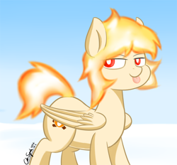 Size: 3316x3082 | Tagged: safe, artist:cdrspark, oc, oc only, oc:hcl, pegasus, pony, :p, female, high res, mane of fire, pegasus oc, snow, solo, tongue out