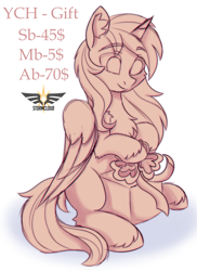 Size: 4000x5500 | Tagged: safe, artist:stesha, oc, oc only, pony, advertisement, any gender, any race, any species, chest fluff, christmas, commission, ear fluff, eye clipping through hair, eyebrows, eyebrows visible through hair, hearth's warming eve, holiday, looking at something, present, simple background, sitting, solo, white background, your character here