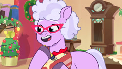 Size: 3072x1727 | Tagged: safe, screencap, grandma figgy, earth pony, pony, foal food, g5, my little pony: tell your tale, spoiler:g5, spoiler:my little pony: tell your tale, spoiler:tyts01e38, female, glasses, high res, mare, open mouth, open smile, smiling, solo, youtube link