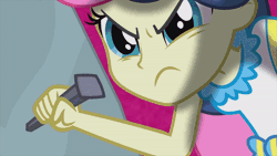 Size: 520x293 | Tagged: safe, screencap, bon bon, sweetie drops, human, all's fair in love & friendship games, equestria girls, g4, my little pony equestria girls: friendship games, angry, animated, cartoon physics, chisel, craft, female, frown, gif, sculpture, solo, teeth