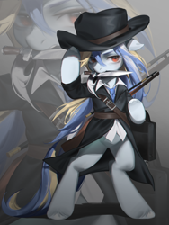 Size: 2628x3500 | Tagged: artist needed, safe, oc, oc only, oc:bertha icey windsor, pony, unicorn, bipedal, clothes, female, full body, gun, hat, high res, knife, long hair, overcoat, solo, standing, weapon, zoom layer