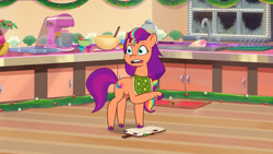 Size: 3072x1727 | Tagged: safe, screencap, sunny starscout, earth pony, pony, foal food, g5, my little pony: tell your tale, spoiler:g5, spoiler:my little pony: tell your tale, spoiler:tyts01e38, apron, clothes, female, high res, mane stripe sunny, mare, open mouth, solo, youtube link