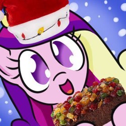 Size: 280x280 | Tagged: safe, artist:jargon scott, princess cadance, alicorn, pony, g4, avatar, bust, christmas, christmas lights, female, fruitcake, hat, hi anon, holiday, looking at you, mare, meme, open mouth, open smile, santa hat, smiling, smiling at you, snow, snowfall, solo