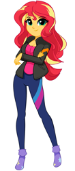 Size: 843x1919 | Tagged: safe, artist:rosemile mulberry, sunset shimmer, human, equestria girls, g4, clothes, crossed arms, cute, female, jacket, pants, shimmerbetes, simple background, smiling, socks, solo, white background