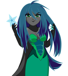 Size: 1234x1394 | Tagged: safe, artist:rosemile mulberry, queen chrysalis, human, equestria girls, g4, absolute cleavage, breasts, cleavage, clothes, dress, equestria girls-ified, evil smile, eyeshadow, female, gloves, grin, implied sunburst, implied trixie, long gloves, long hair, makeup, simple background, smiling, solo, sunburst's cutie mark, trixie's cutie mark, wand, white background