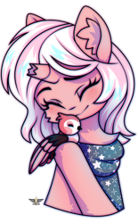 Size: 1550x2500 | Tagged: safe, artist:stesha, oc, oc only, oc:alya, bird, pony, unicorn, blushing, broken horn, bust, chest fluff, clothes, commission, cute, ear fluff, eyes closed, horn, hug, scarf, simple background, smiling, transparent background, unicorn oc