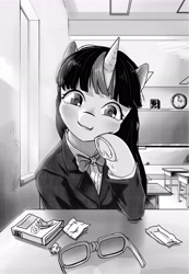 Size: 3335x4816 | Tagged: safe, artist:ph平和, twilight sparkle, pony, unicorn, g4, black and white, chalkboard, chewing gum, classroom, clothes, cute, food, glasses, grayscale, gum, looking at you, manga, manga style, monochrome, school uniform, smiling, smiling at you, twiabetes, uniform, window