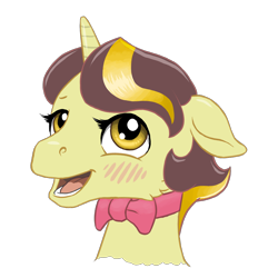 Size: 2048x2048 | Tagged: safe, artist:multiverseequine, derpibooru exclusive, oc, oc only, oc:golden trim, pony, unicorn, blushing, bowtie, bust, cute, high res, horn, male, multicolored hair, open mouth, pink bow, redraw, simple background, solo, stallion, transparent background, yellow eyes