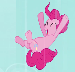 Size: 825x786 | Tagged: safe, screencap, pinkie pie, earth pony, pony, g4, too many pinkie pies, cute, eyes closed, sky, smiling