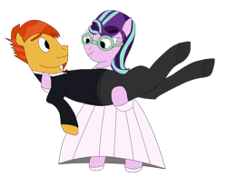 Size: 931x726 | Tagged: safe, alternate version, anonymous artist, derpibooru exclusive, starlight glimmer, sunburst, pony, unicorn, g4, bridal carry, carrying, clothes, dress, female, glasses, male, mare, married couple, ship:starburst, shipping, simple background, stallion, straight, suit, transparent background, wedding dress