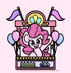 Size: 950x970 | Tagged: safe, artist:derp pone, derpibooru exclusive, pinkie pie, earth pony, pony, g4, balloon, cake, cupcake, cute, flag pole, food, happy, looking at you, pink background, simple background, solo, stand, waving at you