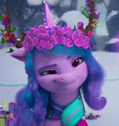 Size: 1020x1080 | Tagged: safe, screencap, izzy moonbow, pony, unicorn, g5, my little pony: make your mark, my little pony: make your mark chapter 3, winter wishday, spoiler:g5, spoiler:winter wishday, clothes, female, floral head wreath, flower, glowing, glowing horn, horn, mare, scarf, smiling, smirk, snow, snowfall, solo