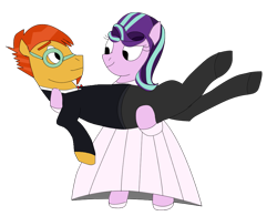 Size: 931x726 | Tagged: safe, anonymous artist, derpibooru exclusive, starlight glimmer, sunburst, pony, unicorn, g4, bridal carry, carrying, clothes, dress, female, glasses, male, mare, married couple, ship:starburst, shipping, simple background, stallion, straight, suit, transparent background, wedding dress