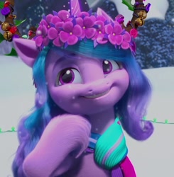 Size: 1058x1080 | Tagged: safe, screencap, izzy moonbow, pony, unicorn, g5, my little pony: make your mark, my little pony: make your mark chapter 3, winter wishday, spoiler:g5, spoiler:winter wishday, clothes, cute, female, floral head wreath, flower, izzybetes, mare, scarf, smiling, snow, snowfall, solo, unshorn fetlocks