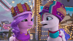 Size: 1280x720 | Tagged: safe, screencap, pipp petals, zipp storm, pegasus, pony, g5, my little pony: make your mark, my little pony: make your mark chapter 3, winter wishday, spoiler:g5, spoiler:winter wishday, animated, crown, diamonds, female, hat, heart, jewelry, mare, outdoors, paper, paper crown, regalia, royal sisters (g5), sheet music, siblings, sisters, snow, snowfall, winter hat